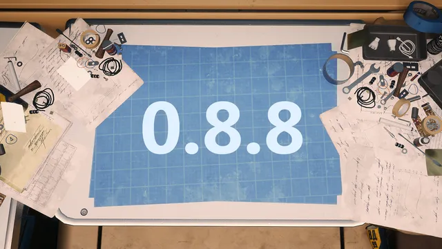 Official Hotfix 0.8.8 artwork on a blue engineering workbench